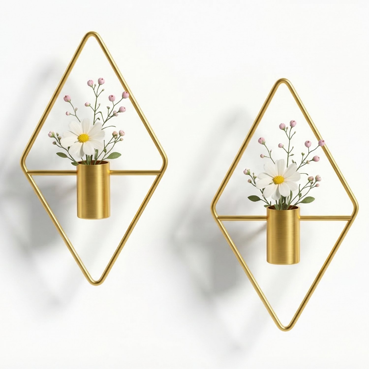 Golden geometric metal wall planter with flower vase for home decor